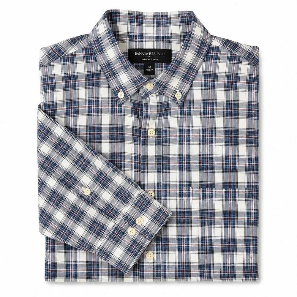 Banana Republic Mens Medium Untucked Shirt Blue Plaid Button Front 100% Cotton
